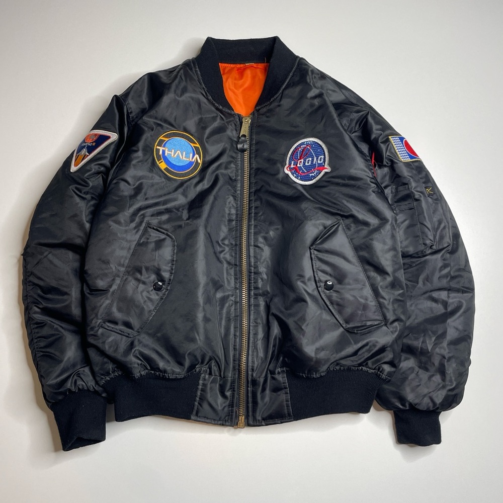 Vintage Y2K MA-1 Bomber Flight Jacket Rothco Patches Satin Black Reversible S